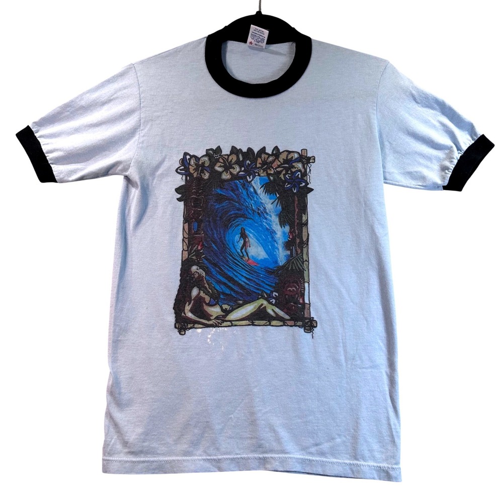 Vintage Soffe Shirts Ringer Tee Light Blue Surfing Graphic Made in USA Small